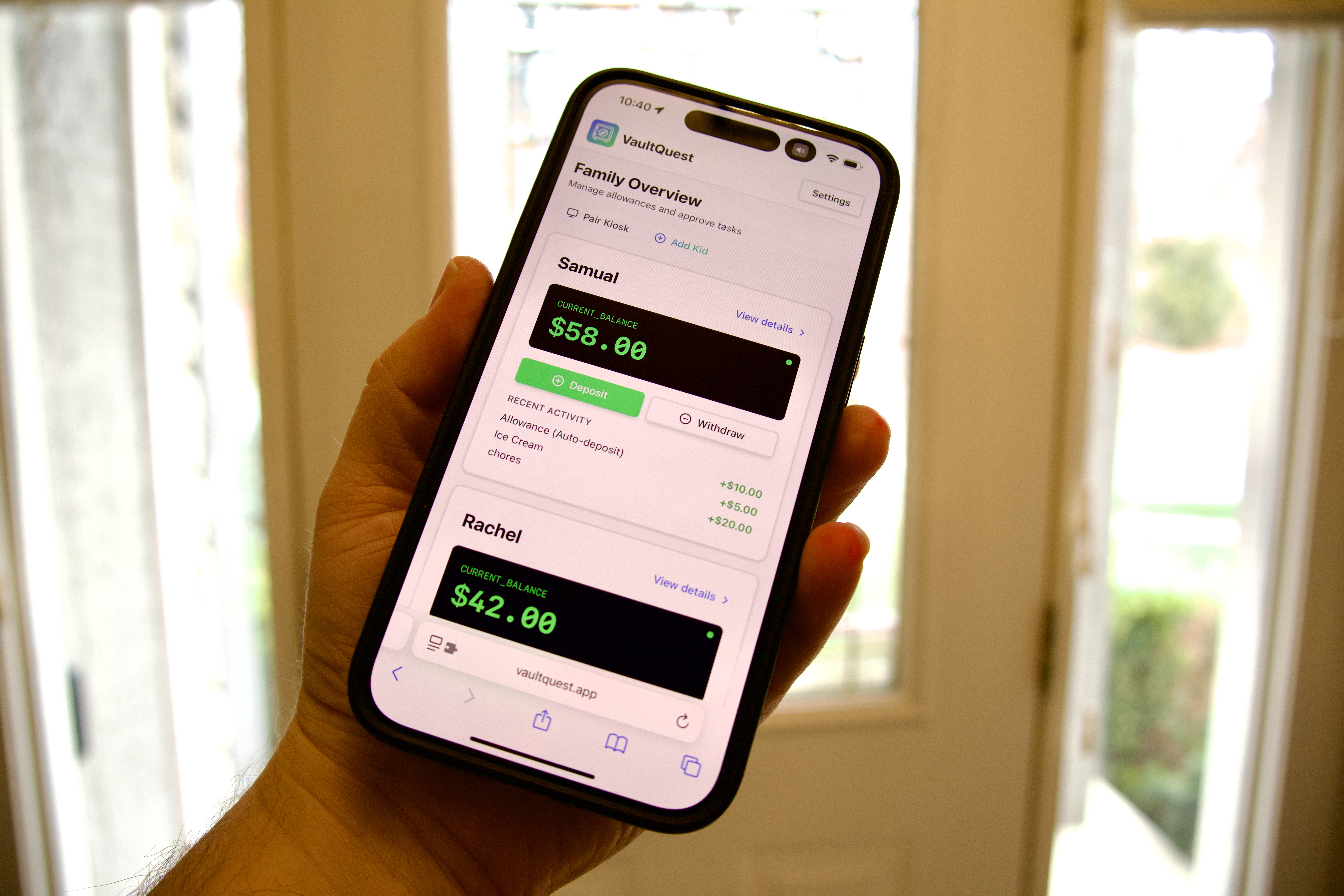Parent managing kids accounts on VaultQuest